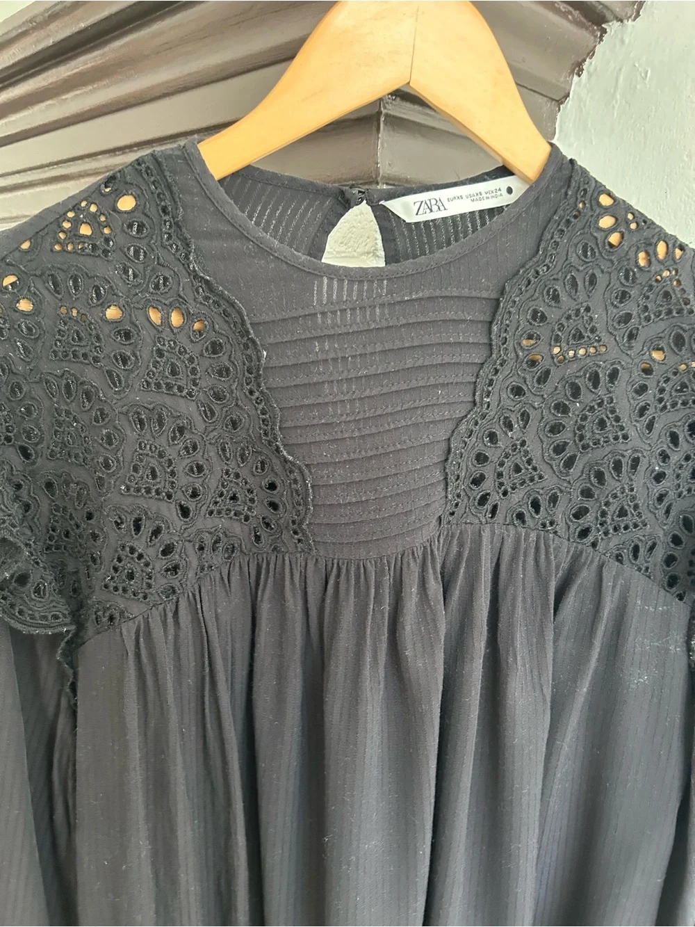 Zara Black Crochet Yoke Long Sleeve Blouse